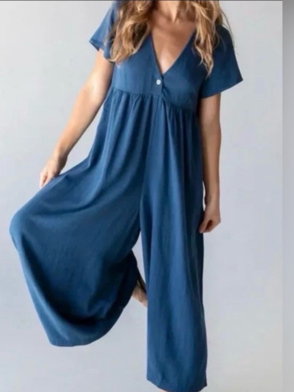 NATURAL LIFE Deep V Wide-Leg Jumpsuit in Denim Blue
